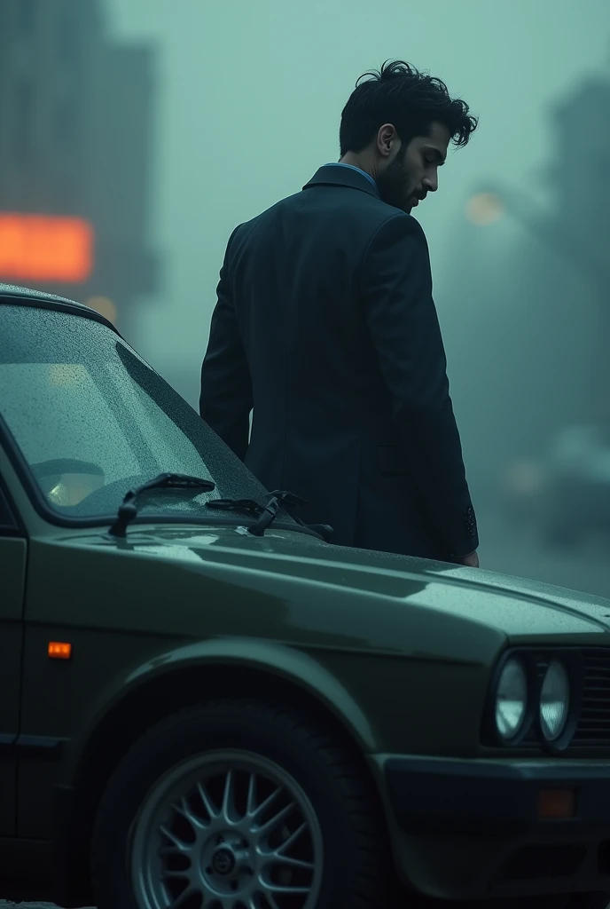 Generate best hidden face picture of man standing near car and Umar Sandhu name is written on car for whattsapp display picture