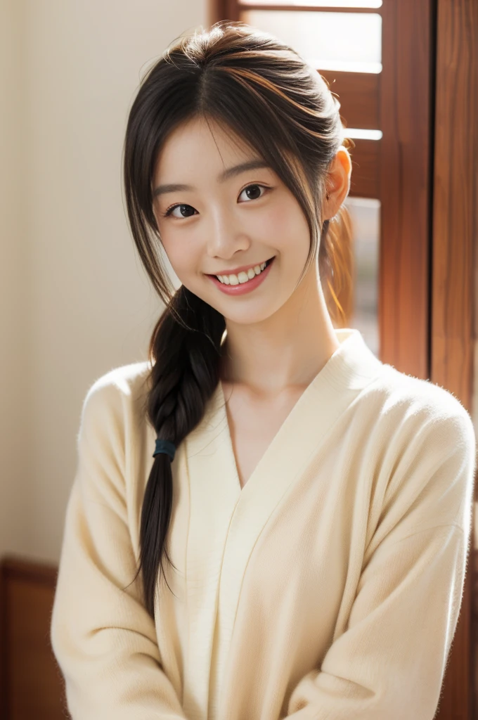 (highest quality, masterpiece), (beautiful japanese girl), (freckles:0.6), soft light, ponytail, smile