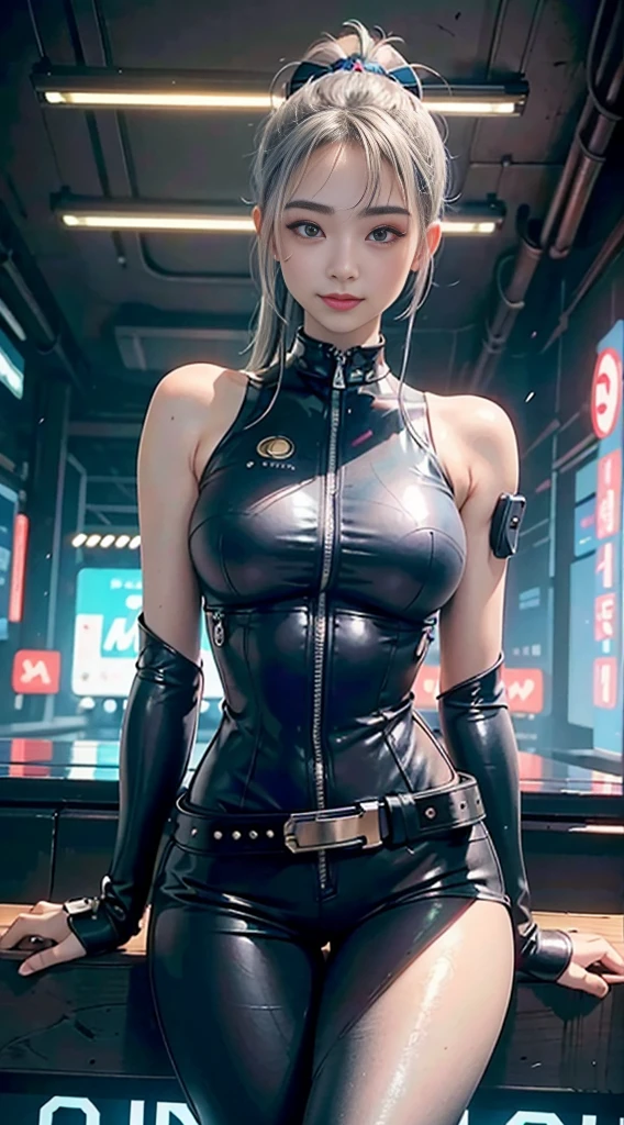 Lolita, smiling, 20 years old, ((best quality)), ((masterpiece)), (high definition:1.3), 3D, beautiful (cyberpunk:1.3), stylish woman looking at camera black leather clothes, sleeveless, embarrassed, waist skin invisible, blue-black leather pants, silver zipper,belt below the waist,super fine illustration,blond hair , showing forehead, silver center zipper, leather blue black bodysuit, sleevelesblue blacks, shiny, blonde ponytail