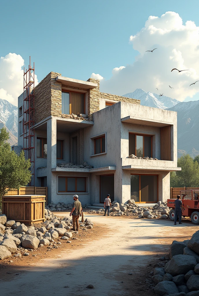 "Create an image of a construction site in Shahkot, featuring a two-story villa being built next to a traditional three-room house that has been partially demolished. The background should include the Jaisi Temple, showcasing a blend of modern architecture and historical elements."