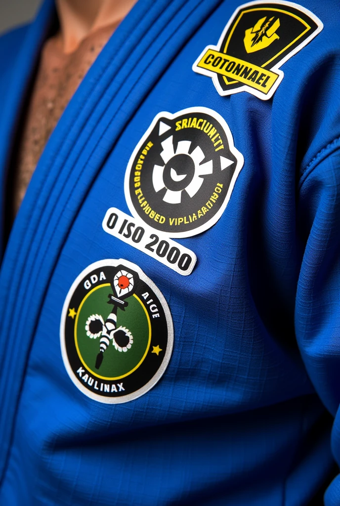 Make a sticker to personalize my bjj kimono with cybersecurity references. I would like it to have something from Kali Linux., Hydra, iso20001, Nessus The bjj kimono is blue , show the full result 