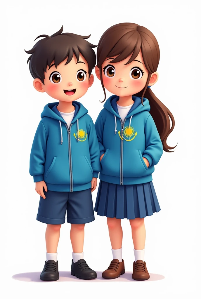 ((officially)) ((masterpiece)) ((Best quality)) ((detailed)) cartoon boy and girl in blue school uniform with Kazakhstan flag emblem on clothes on white background