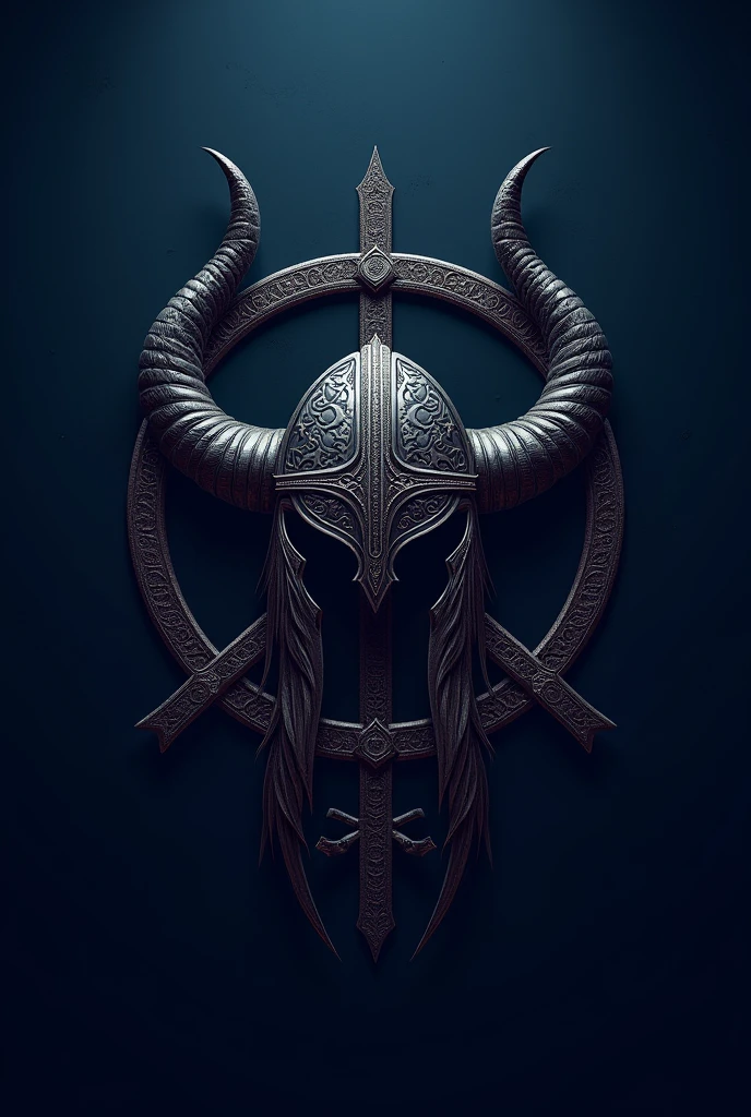 Viking symbol with navy blue background and text "Thrones of blood and iron".