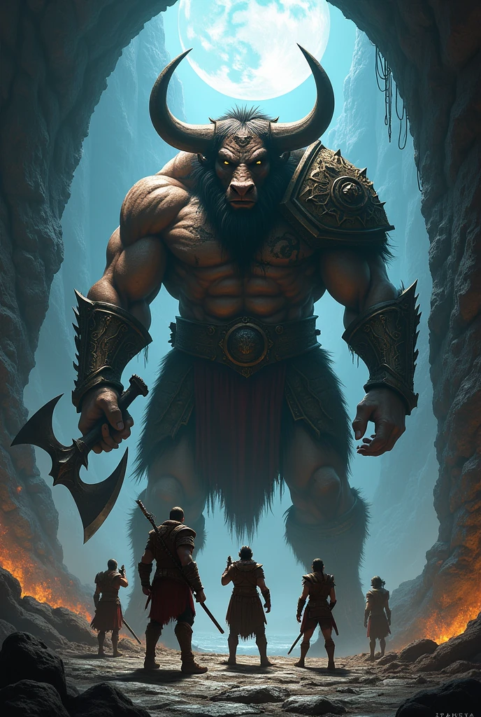 a gigantic minotaur holding a very big war axe and wearing heavy barbarian armor full of dents of war is blocking the way of adventures wanted to go in at the dungeon entrance. the moonlight illuminate the minotaur and the adventurers dramatically,