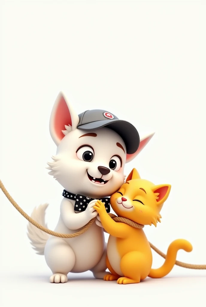 white dog and yellow cat love, white background, dog is female, cat is male. The dog wears a black and white polka dot bow tie, the cat wears a baseball cap. The dog was afraid of the rope and pulled the cat away. The dog looked ferocious, the cat was helpless.