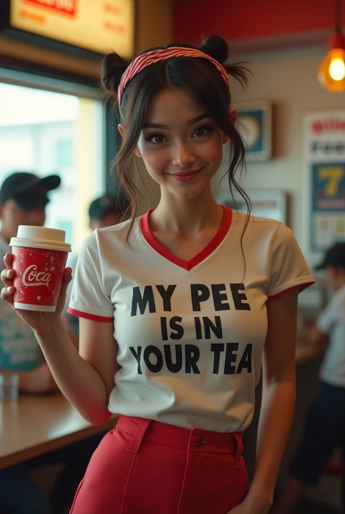 A pretty waitress in a fast food restaurant wearing a shirt that says:MY PEE IS IN YOUR TEA,she holds a drink cup in her hand,realisti