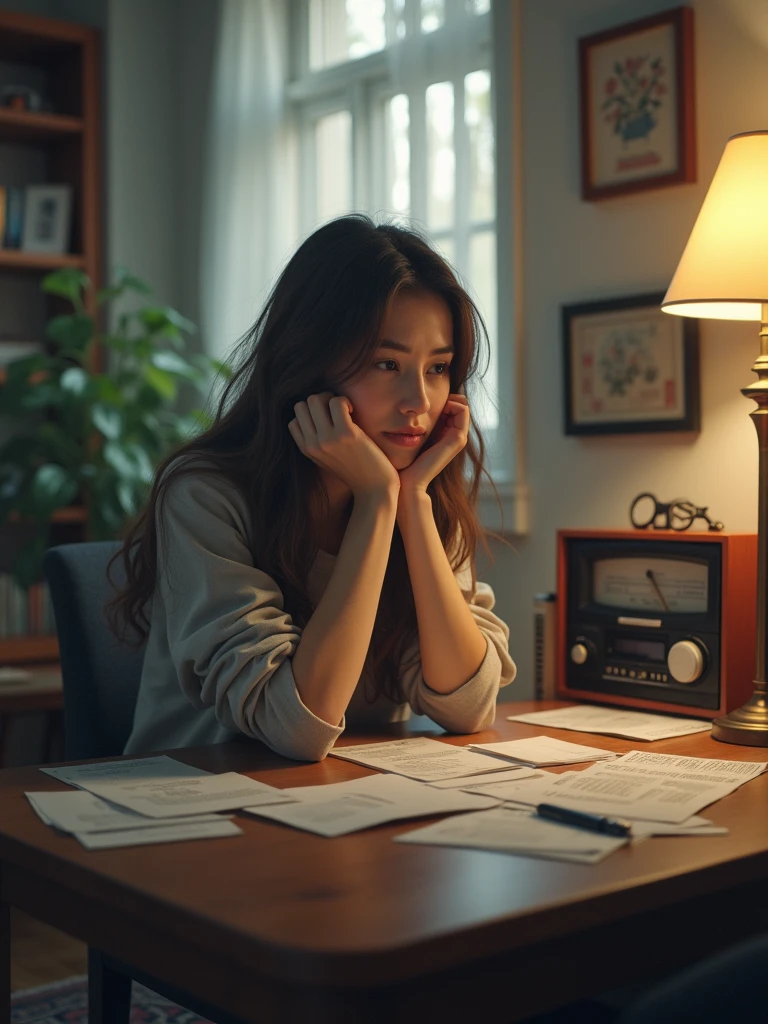 A modest apartment, with Sarah sitting at a table, visibly tired, surrounded by bills and a playing nearby.