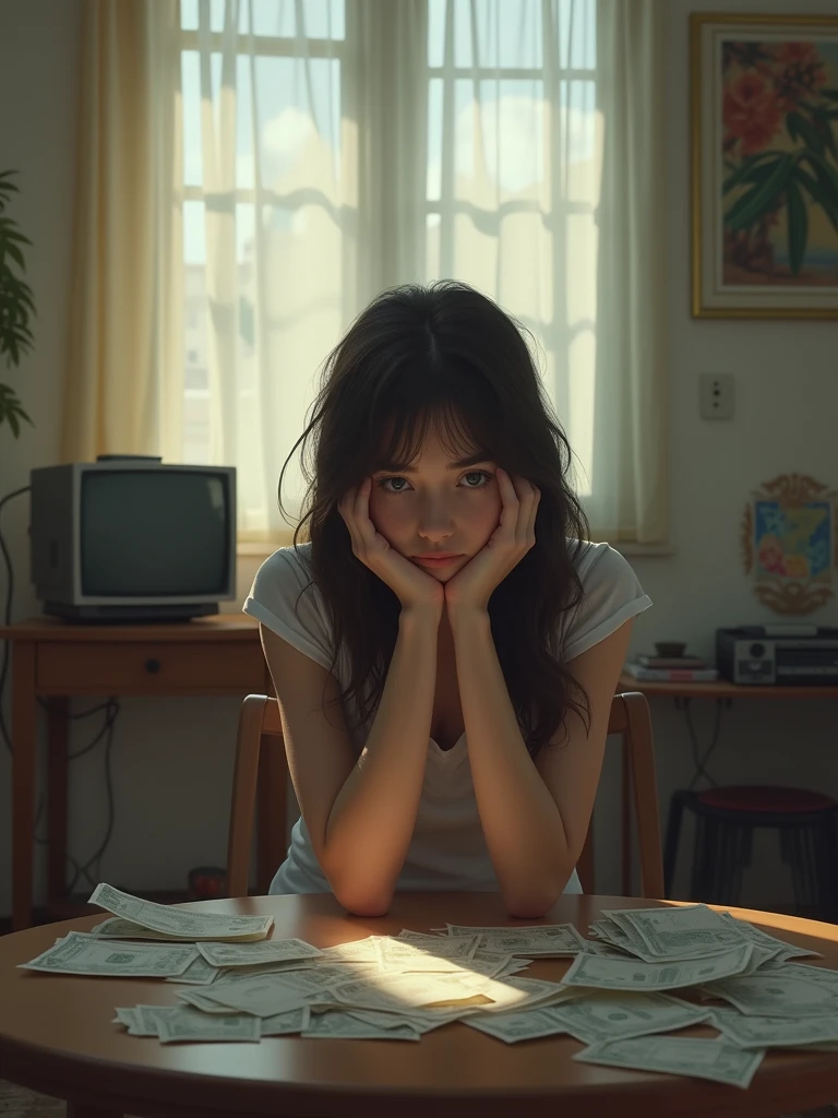 A modest apartment, with Sarah sitting at a table, visibly tired, surrounded by bills and a playing nearby.