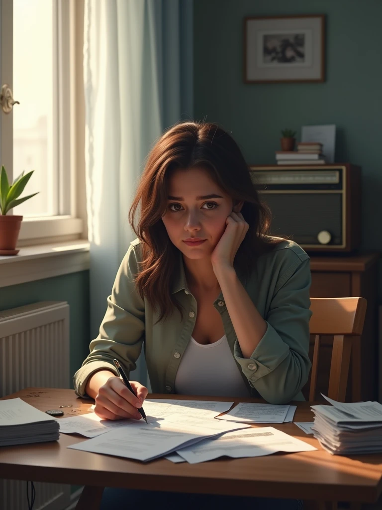 A modest apartment, with Sarah sitting at a table, visibly tired, surrounded by bills and a  playing nearby.