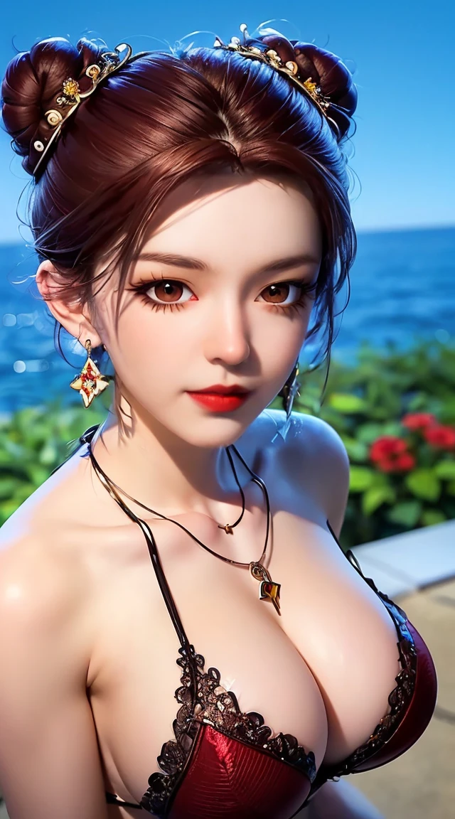 1 beautiful and sexy 20 year old girl, (((thin thong bikini see-through lace 1.5))), (exposed), (((thin see-through nikini)), ((Red brown hair :1.6 )), ((side bun:1.6)), elaborate jewelry made from precious stones and beautiful hair, ((wearing a black lace necklace:1.4))), noble, noble style of a girl extremely beautiful, super cute little face, very pretty face, sparse eyebrows, beautiful flawless face, ((black eye pupils: 0.8)), very beautiful eyes, ((eyes bright red brown: 1.6)), beautiful makeup and detailed hairdo, eyelashes, wet eye makeup, high nose, earrings, red lips, ((closed mouth: 1;5 )) beautiful lips, slim hands, ((arms spread out to the sides: 1.5)), rosy face, clean face, flawlessly beautiful face, smooth white skin, (big chest: 1.5)), ((high chest: 1.6)), firm breasts, beautiful cleavage, (((big and super round breasts: 1.8))) , ((super firm breasts: 1.7 )), beautiful breasts, perfect body, ((bulging breasts: 1.5)), don't shy, (((The most beautiful black fishnet stockings and many sexy details:1.6)), perfect body, 8k photos, super high quality, surreal, super 10x pixels, optical, bright studio, light edge, two-tone light, (high detail skin:1.2), super 8k , soft light, high quality, volumetric light, optical, high optical resolution, light, photo most beautiful, 4k, 8k quality, blur effect, smooth sharpness, 10 x pixels, ((flower garden by the sea: 1.5)), aurora, lightning, super realistic graphics, realistic graphics most real, alone, solo, Extremely sharp, surreal image, (((frontal portrait: 1.4))).", (((nude: )))