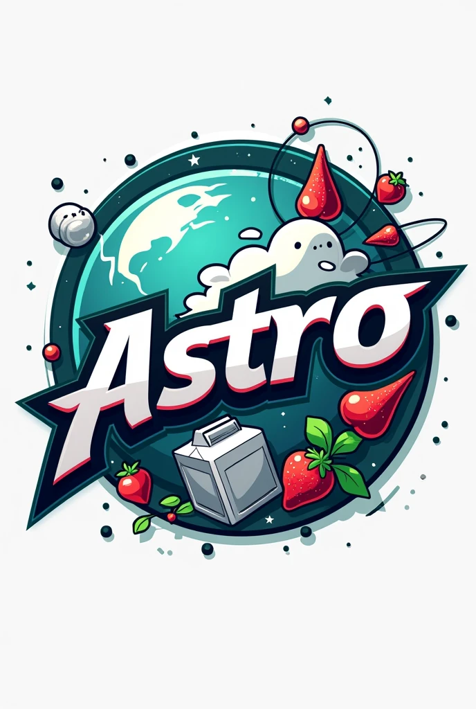 "Design a modern and dynamic store logo for a store named 'Astro'. The logo should feature a space theme, with a bold and energetic design. Include elements like a fruit, vegetable and milk box, or stumps subtly integrated into the design. The color scheme should be a mix of light blue, silver, white, green and red to convey power and agility. The store name 'Astro' should be prominently displayed in a stylish, sporty font. The overall look should be sharp, professional, and suitable for a ads and merchandise."