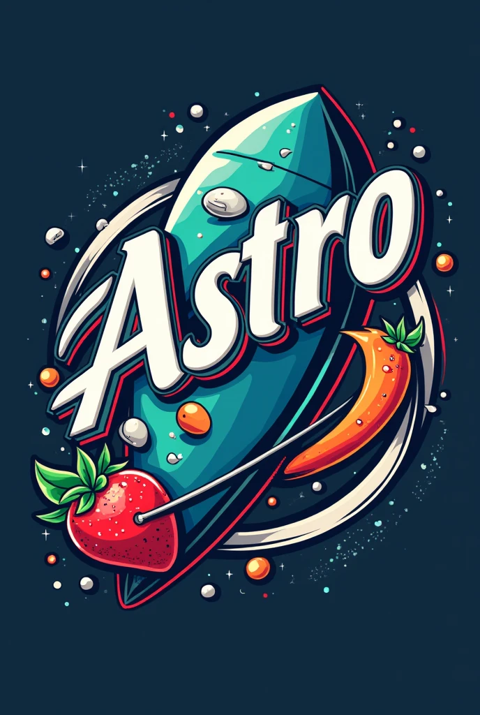 "Design a modern and dynamic store logo for a store named 'Astro'. The logo should feature a space theme, with a bold and energetic design. Include elements like a fruit, vegetable and milk box, or stumps subtly integrated into the design. The color scheme should be a mix of light blue, silver, white, green and red to convey power and agility. The store name 'Astro' should be prominently displayed in a stylish, sporty font. The overall look should be sharp, professional, and suitable for a ads and merchandise."