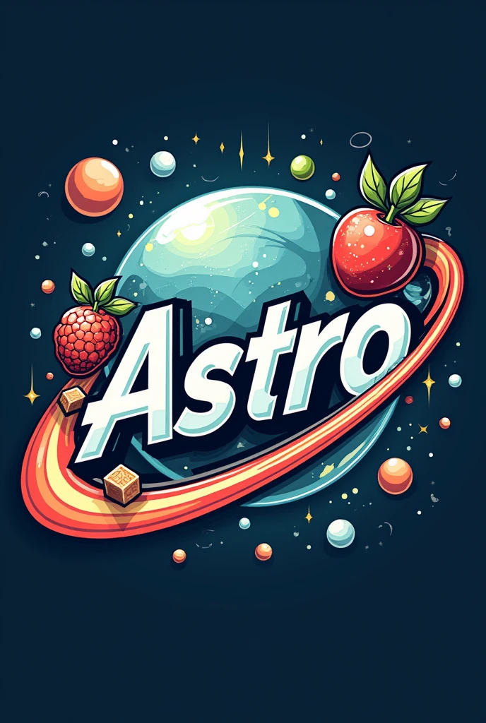 "Design a modern and dynamic store logo for a store named 'Astro'. The logo should feature a space theme, with a bold and energetic design. Include elements like a fruit, vegetable and milk box, or stumps subtly integrated into the design. The color scheme should be a mix of light blue, silver, white, green and red to convey power and agility. The store name 'Astro' should be prominently displayed in a stylish, sporty font. The overall look should be sharp, professional, and suitable for a ads and merchandise."