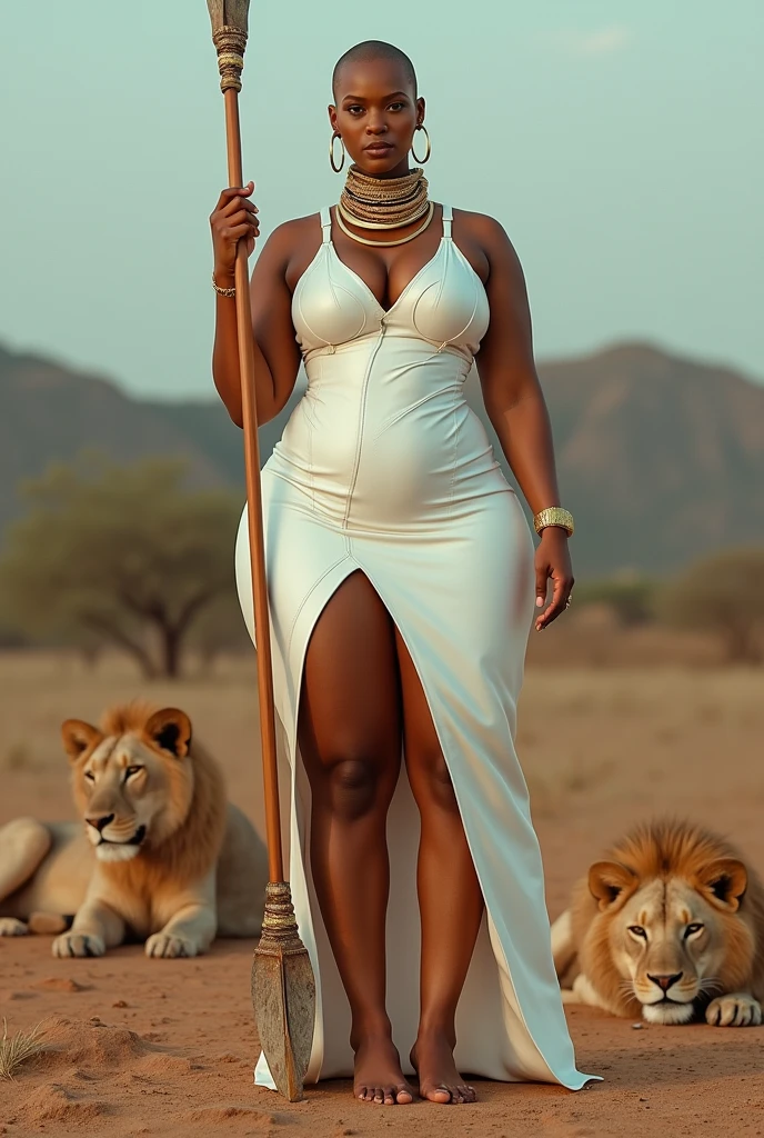 Tyra banx shaved head (very big size breasts 2.1) very small, very wide hips, super sexy fit, tight white leather Sfrican dress, 3 tik gold chokers aroud her neck, gold band on her forhead, aroun her head, long zulu spear in herhand, standing in Africsn savaa lions sleepig behind her. 