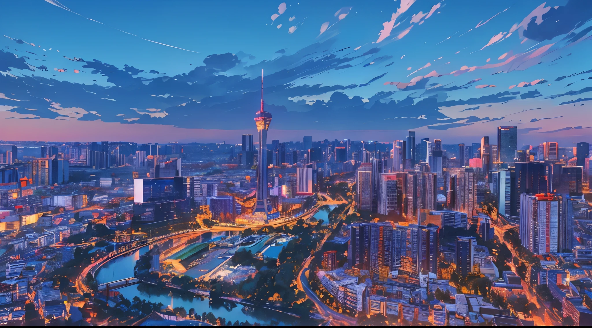 （night：1.5），Night，Makoto Shinkai's style，best quality，Ultra Detail，masterpiece，Fine details，high resolution，8k，in the evening，In the style of Xinhaicheng，There is lighting，wallpaper，architecture，City，City景观，nobody，landscape，City，City view，architecture，outdoor，Sky，Skyscraper，Real-world location，Blue sky，tower，the way，Ground Vehicles，car，（City夜景），