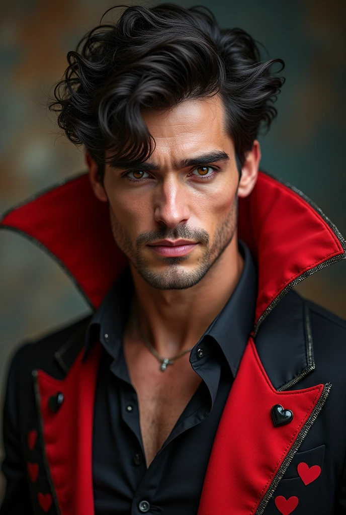 A very attractive and strong man who wears clothes with the theme of the Queen of Hearts from Alice in Wonderland. dark black hair, Vibrant honey-colored eyes, Slightly dark skin and a very flirtatious smile, quite manly.