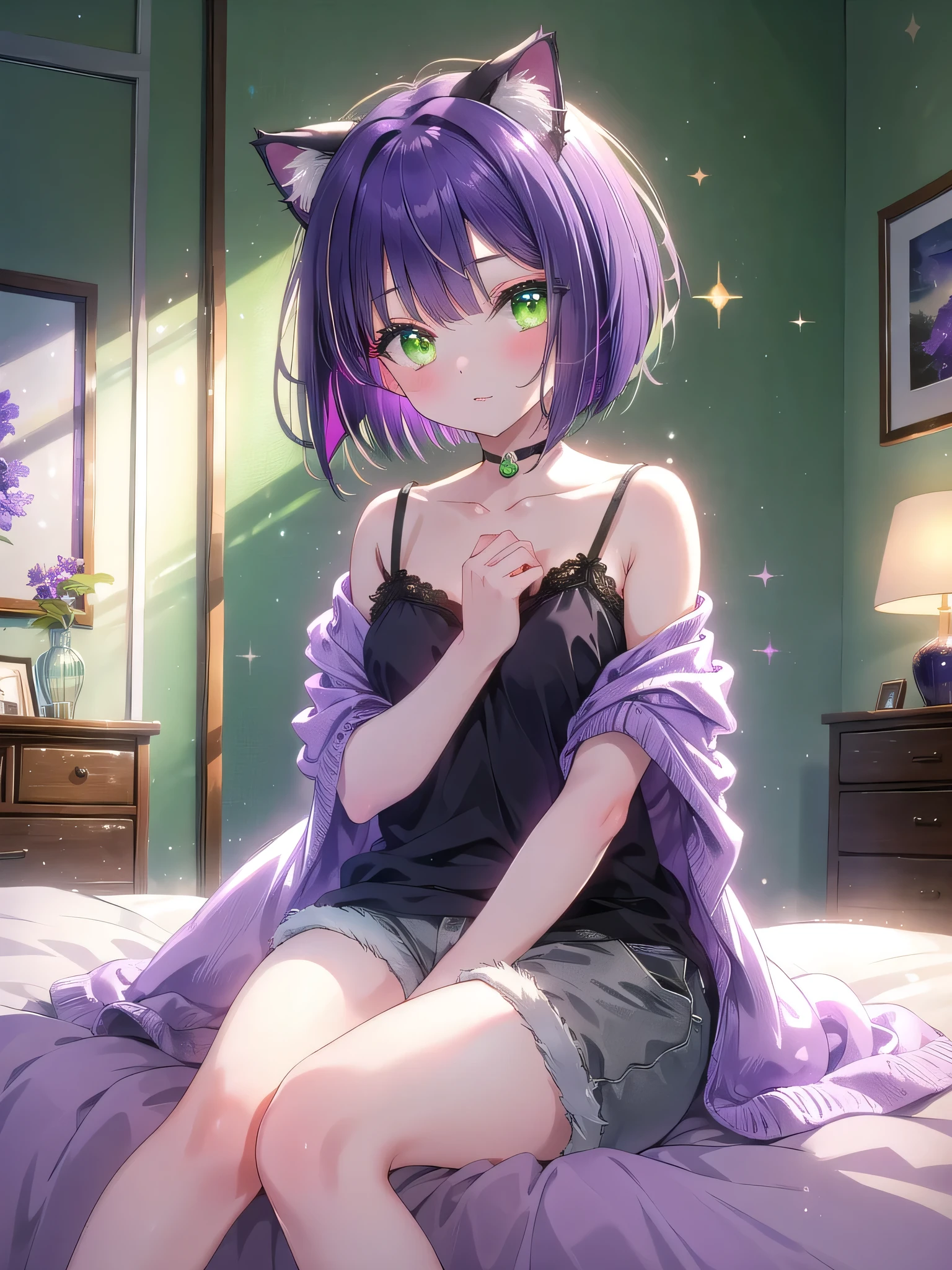 ((8k, Highest Quality, Masterpiece: 1.3)), Ultra High Resolution, (One Girl, Solo), (Color Changing Eyes, Super Detailed, Expressive Glow, Sparkling, Glowing Eyes), Highly Detailed Eyes,( (Purple Short Bob Cut)), Sitting on Bed in Cat Ears and Tail Cosplay
Emerald green eyes shine with joy, and cute cat ears are attached to a purple short bob cut. She is wearing a grey sexy camisole and shorts, and a fluffy cat tail. The background is a simple bedroom, with colorful cushions and blankets lined up on the bed, creating a warm atmosphere throughout the room. She sits on the bed, holding her tail and making a cute expression towards the camera. The angle is slightly above, looking down on her, highlighting the cuteness of her emerald green eyes and costume.