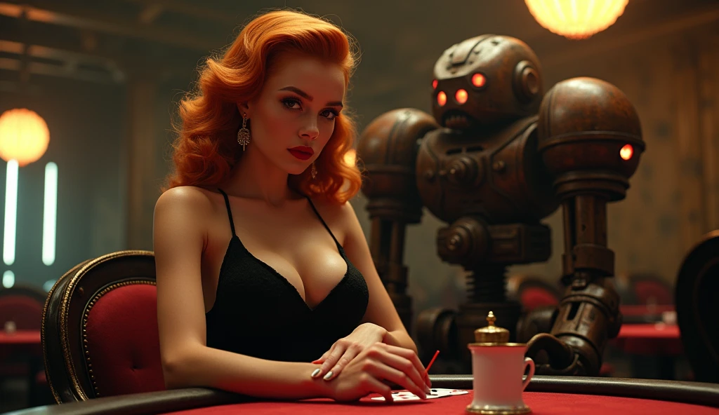 (Masterpiece.UHD.photorealistic. Analog photo 1940 style) dystopian world. in a  dark Neo retro futuristic casino. low key. An ultra hot gorgeous European woman. Age 23. Epic cleavage (100e breast size) full red lips. with orange blonde hair. sitting and playing poker cards in a black dress, Very detailed. She is concentrating on the card game., Anti-realism. In the background a 1930 clunky and rusty giant evil war robot with glowing eyes.