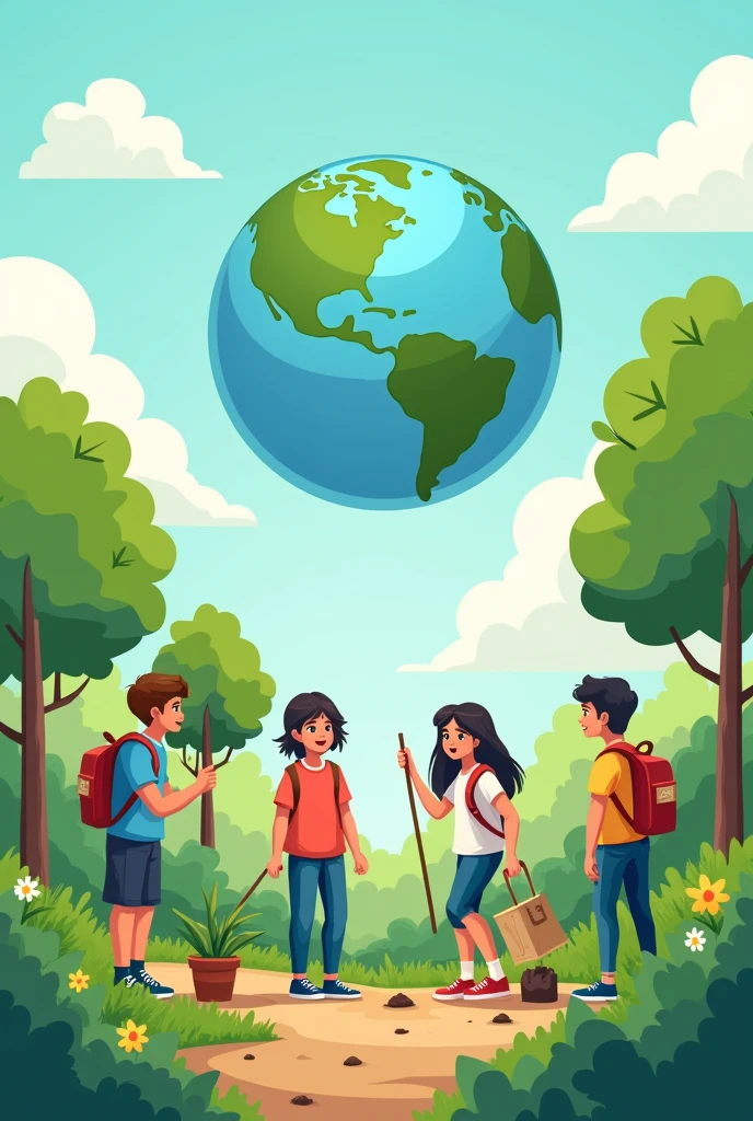 easy drawing: students small actions on environment change with earth on background