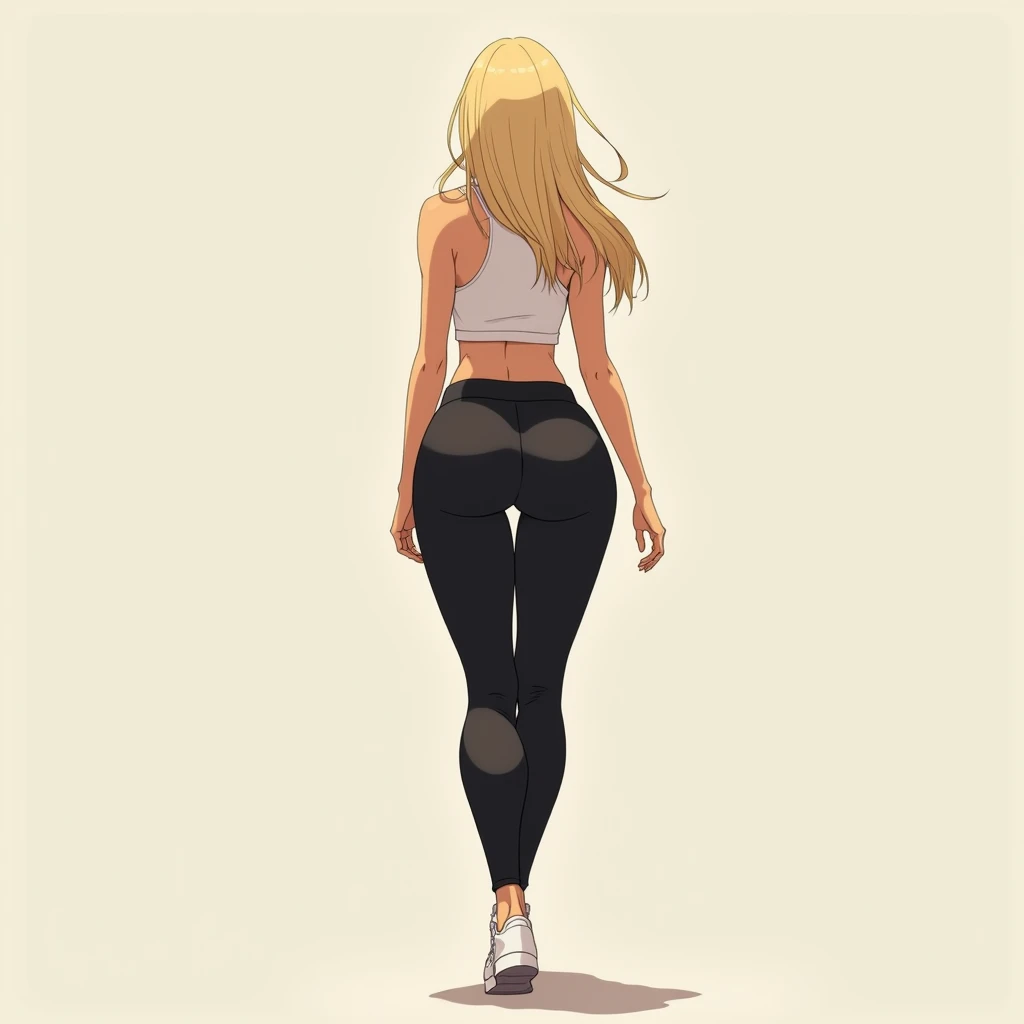 anime girl, long blonde hair, plain background, white tank top, slightly exposed midriff, tight black yoga pants, tall, curvy but proportionate, hourglass figure, prominent hips, from behind, not looking at viewer, walking and swaying hips, white sneakers, covered upper back.