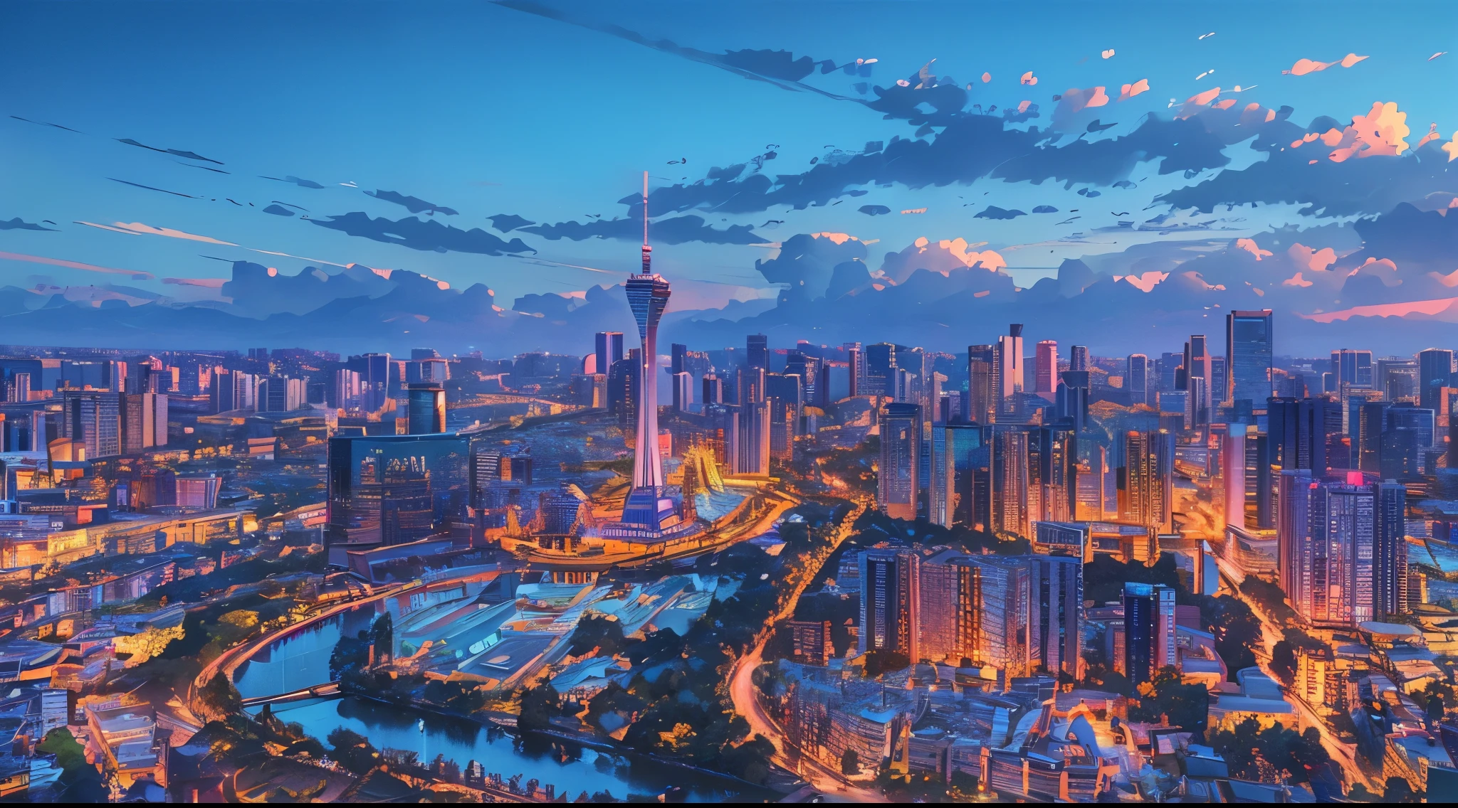 (night:1.5),Night,Makoto Shinkai's style,best quality,Ultra Detail,masterpiece,Fine details,high resolution,8k,in the evening,In the style of Xinhaicheng,There is lighting,wallpaper,architecture,City,City景观,nobody,landscape,City,City view,architecture,outdoor,Sky,Skyscraper,Real-world location,Blue sky,tower,the way,Ground Vehicles,car,(City夜景),