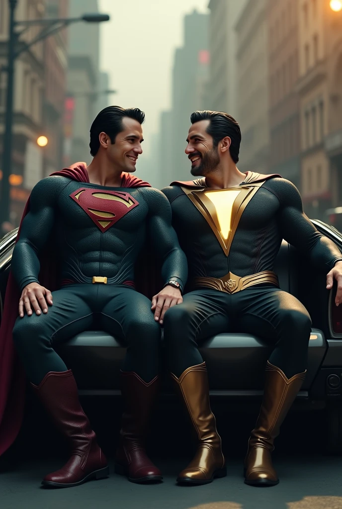 Superman and Shazam wearing a black pant coat and sit in a car without roof and both smile make the image cinematic