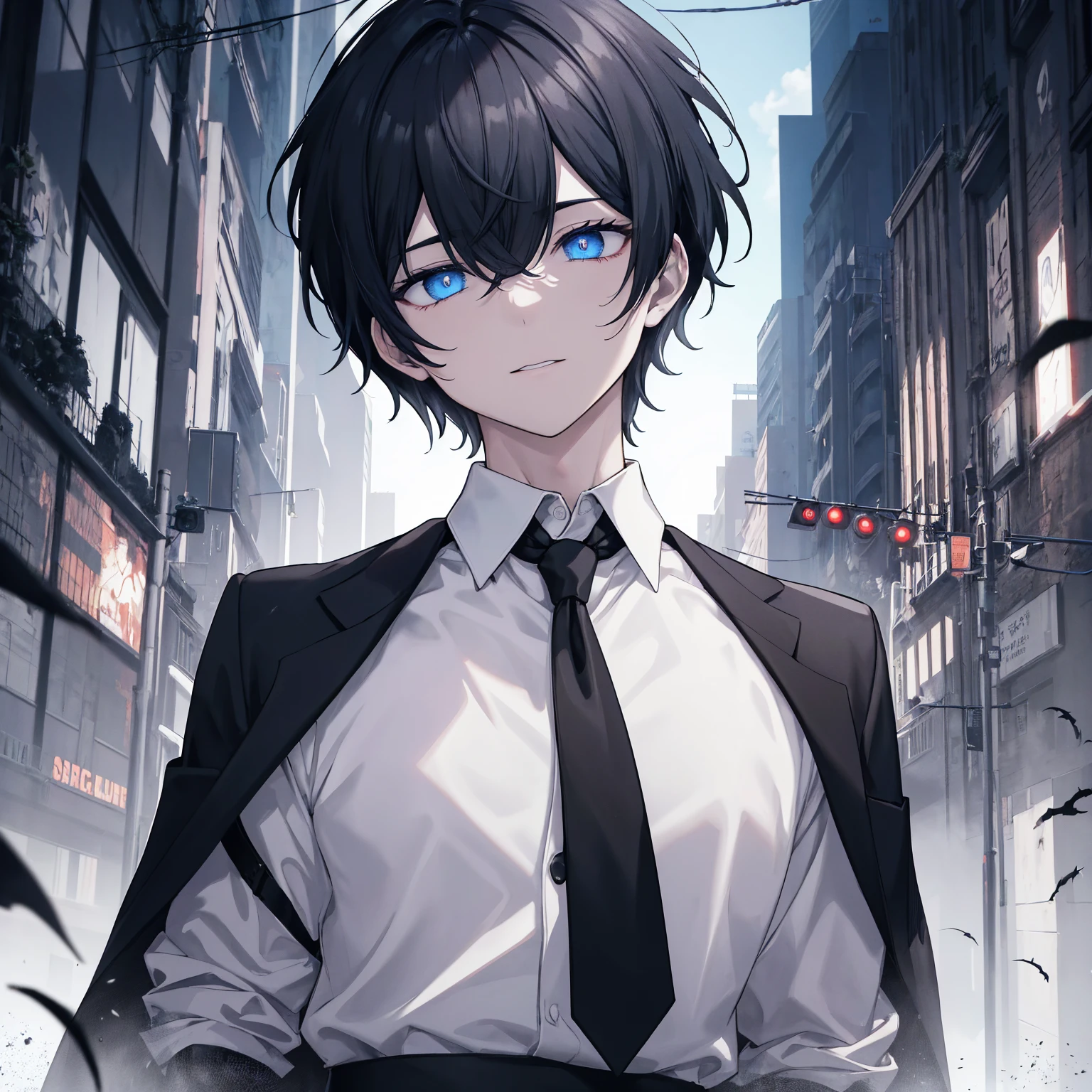 (score_9,score_8_superior,score_7_superior,score_6_superior,score_5_superior,score_4_superior, sauce_anime), 8k, Highest quality, Spooky Night, 1 person, 27, Toned Up, Male face, Male Eyes, Male Focus, Black Hair, Glowing blue eyes, (smile: 0.7), White shirt wide shot, No tie, Very short hair, short hair, Landscape,