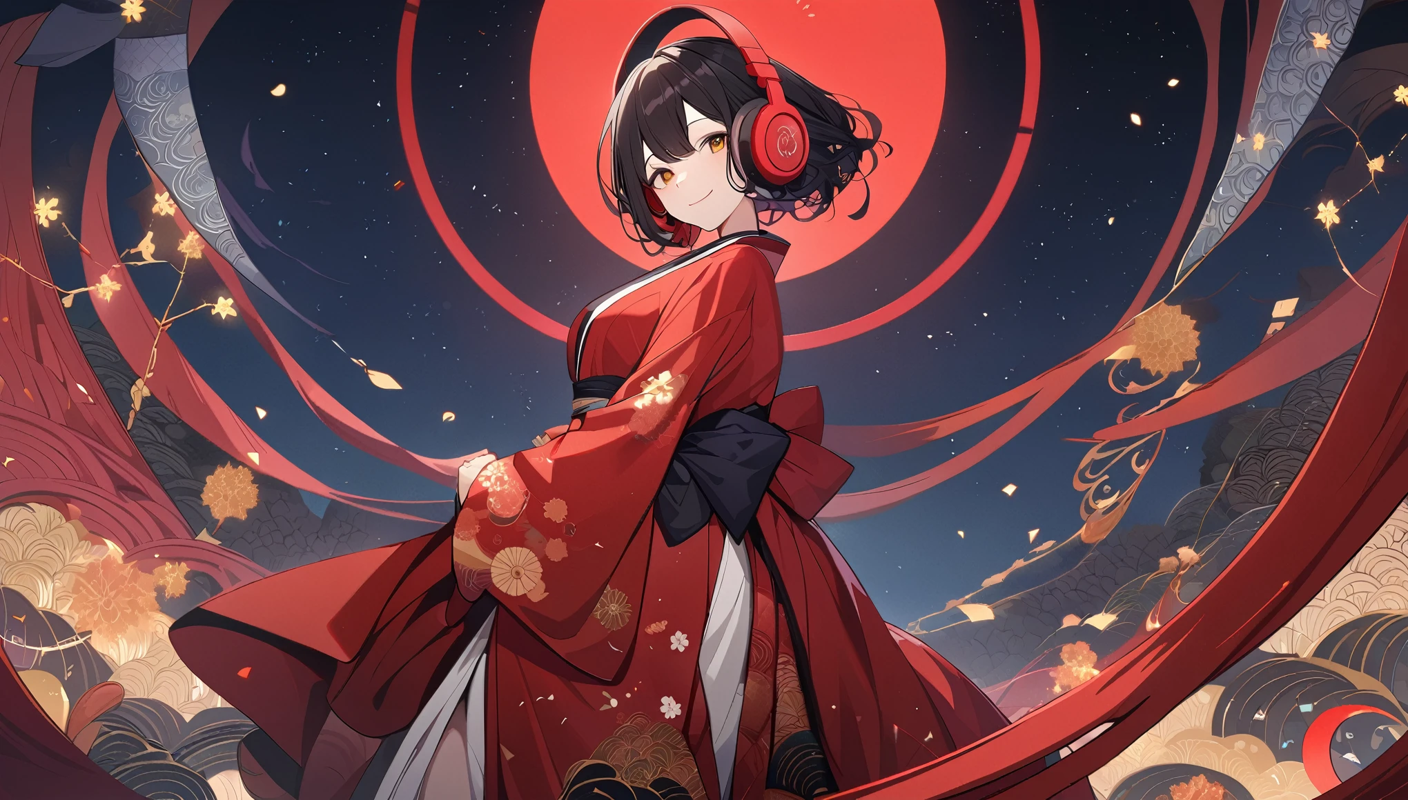 , unity 8k wallpaper, super detailed, beautiful beautiful, masterpiece, highest quality, (tangle, mandala), (fractal art:1.3), one girl, beautiful black hair, Japanese, Big pink, red kimono, Japanese clothing, very detailed, dynamic angle, cowboy shot, The most beautiful things form chaos, elegant, brutal design, Bright colors, romance, atmosphere, ecstasy notes, Streaming music notes are displayed, (((Red circle))), ((headphones)), ((background: night, starry sky)), ((ukiyo-e style)), ((smile)), ((1 girl)),