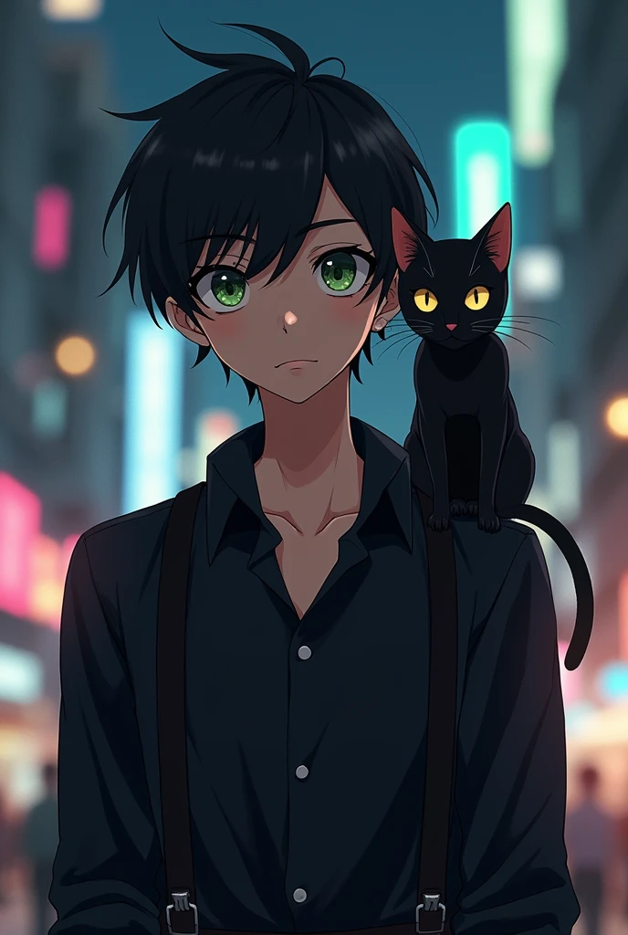 Create an realistic anime image of a boy wearing a black suspender with black shirt, slitly dark skinned with dark olive green eyes having a neutral expression on face black bad boy style hair with a black cat having dark olive green eyes sitting on his shoulder. Background of a night view of a busy city