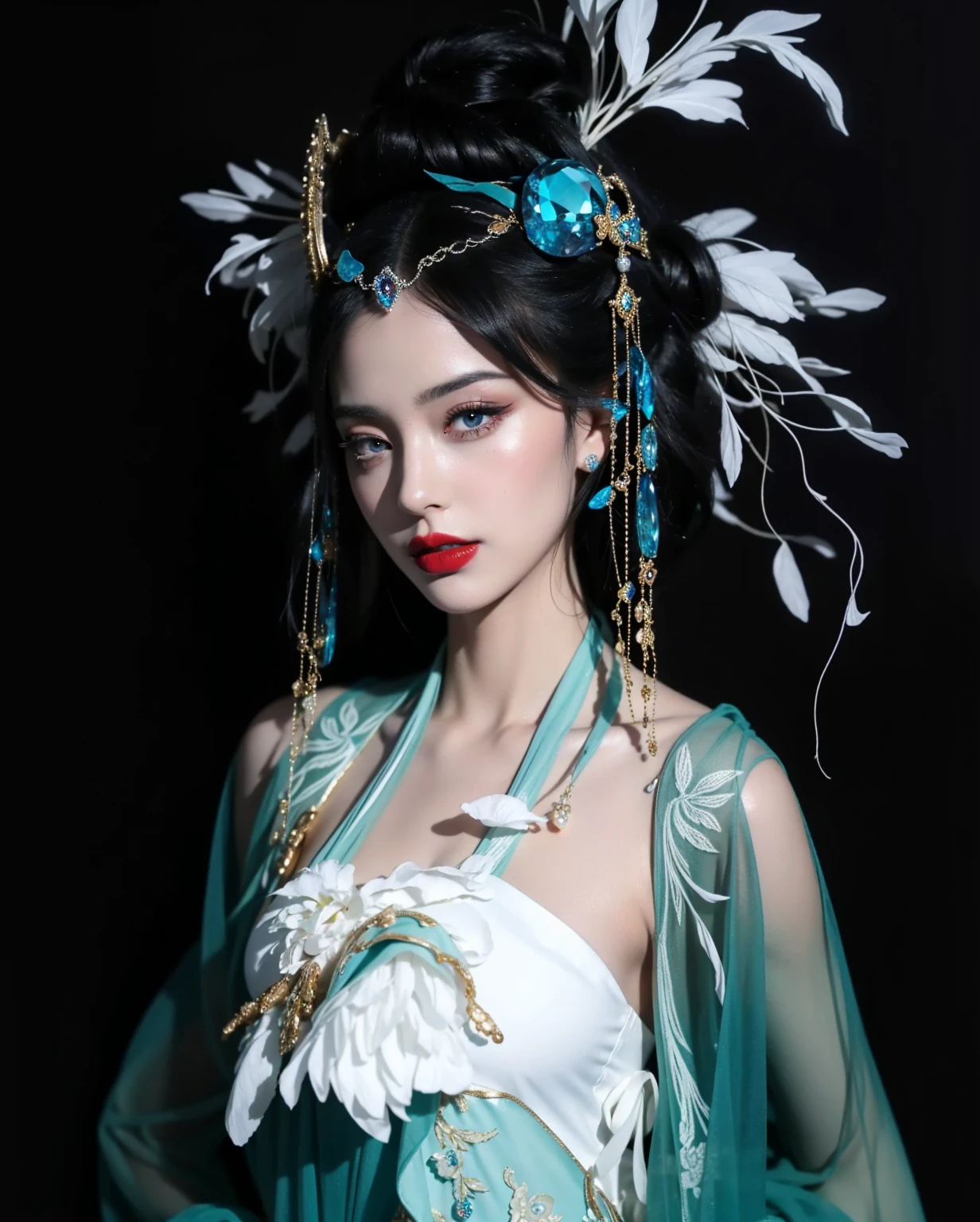 Royal princess,Extremely detailed, Delicate face, Stock Photography , Portrait 400, F1 Camera Lens.6, rich and colorful, Surrealism, Realistic textures, Dramatic Lighting, Thin Film Distiller 800 (8K, original photo, Better quality, masterpiece: 1.2), Extremely detailed, (Extremely delicate skin: 1.2), 8K ultra high definition, SLR camera, Soft Light, high quality.Fire Queen,Blue pupils,Wear red lipstick,Have a tattoo,The tattoo is very three-dimensional,Gorgeous and intricate tattoo designs,Dark eyeshadow,Sexy thick lips(Red lipstick),Gorgeous pearl and gemstone decoration,Cleopatra wore jewelry made of gold and precious stones.,The stunning Queen,