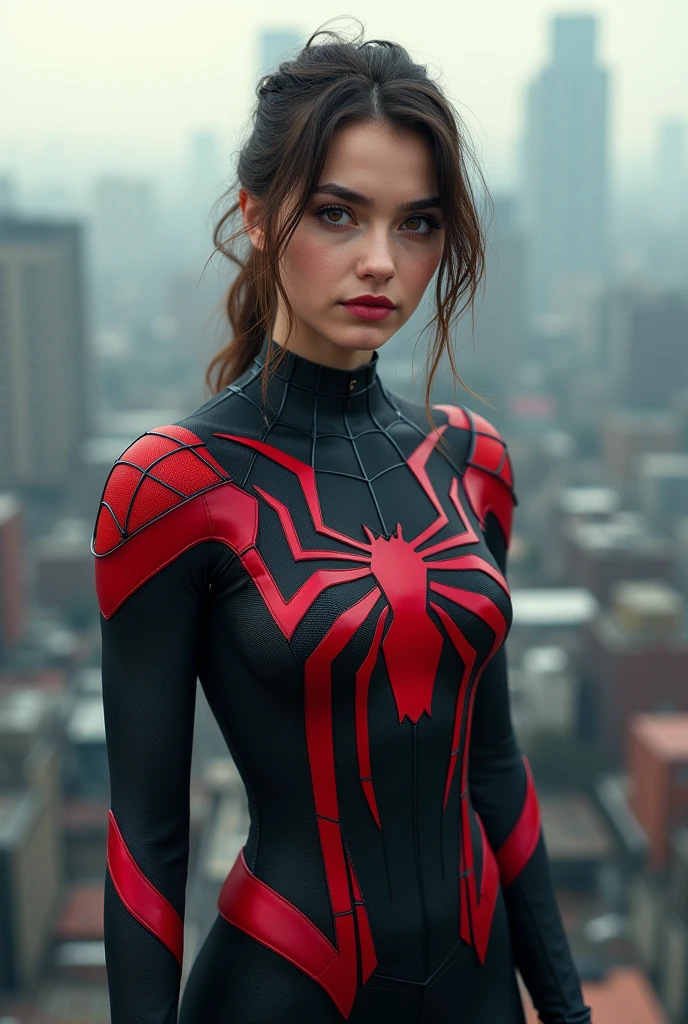 (1girl:1.3), Solo, (((Very detailed face)))), ((Very detailed eyes and face)))), Beautiful detail eyes, Body parts__, Official art, Unified 8k wallpaper, Super detailed, beautiful and beautiful, beautiful, masterpiece, best quality, original, masterpiece, super fine photo, best quality, super high resolution, realistic realism, sunlight, full body portrait, amazing beauty, dynamic pose, delicate face, vibrant eyes, (from the front), She wears Spider-Man suit, red and black color scheme, spider, very detailed city roof background, rooftop, overlooking the city, detailed face, detailed complex busy background, messy, gorgeous, milky white, highly detailed skin, realistic skin details, visible pores, clear focus, volumetric fog, 8k uhd, DSLR, high quality, film grain, fair skin, photo realism, lomography, futuristic dystopian megalopolis, translucent