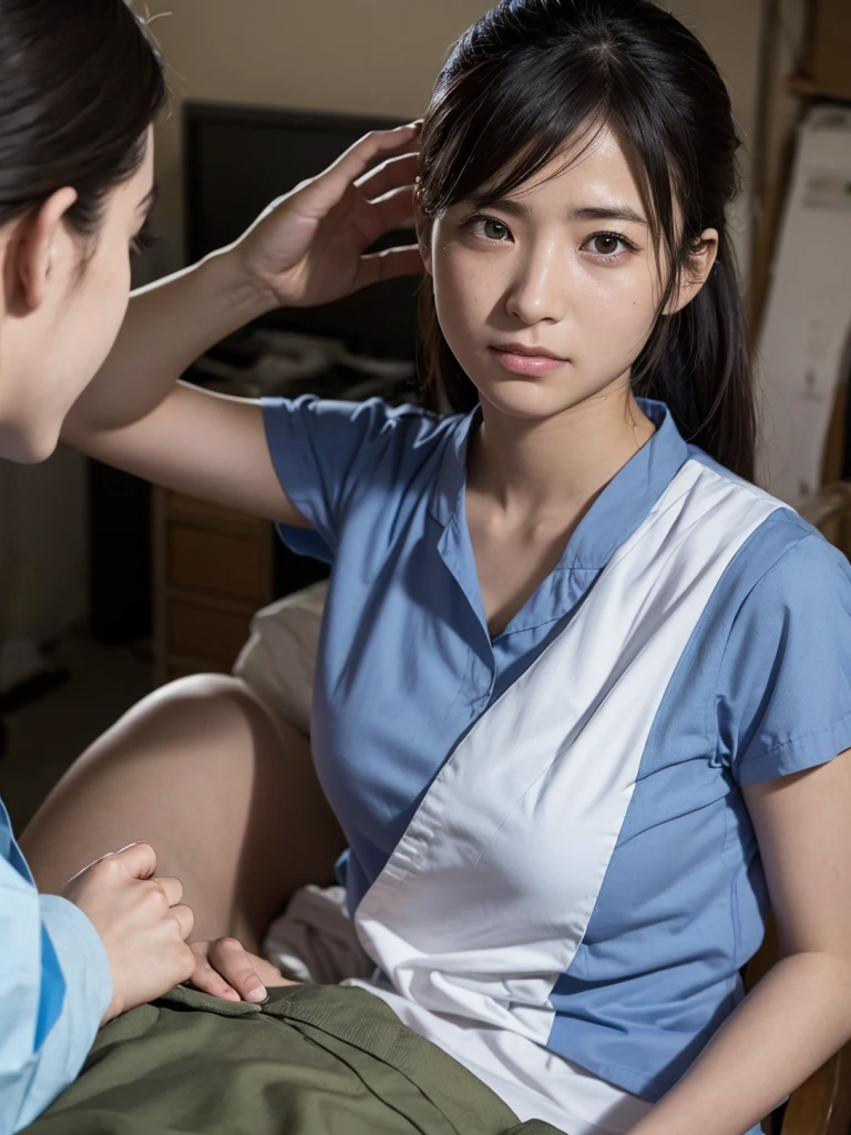 A female soldier provides medical care to the wounded in a war-torn city,
