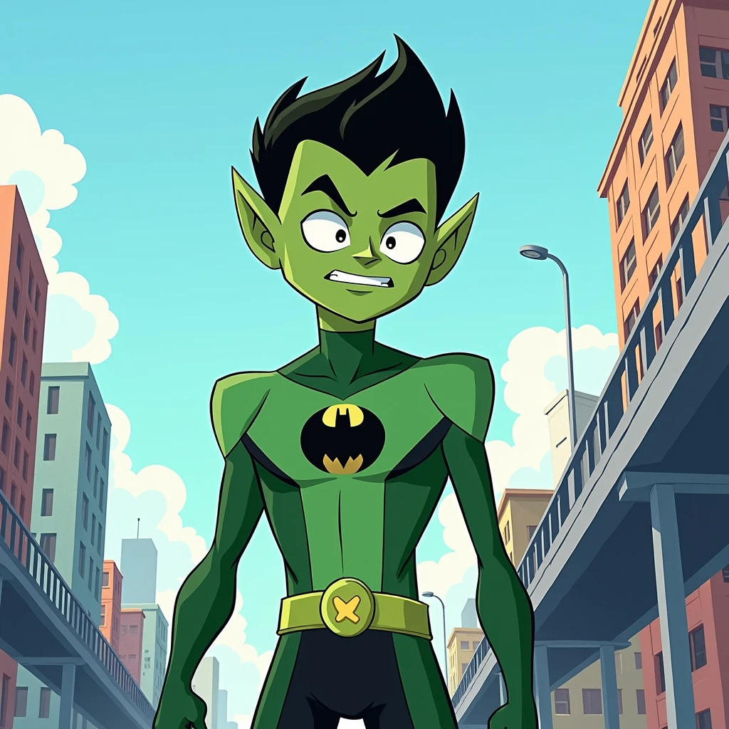 Beast boy cartoon design without body and tall and without big head in teen titans animation in the city