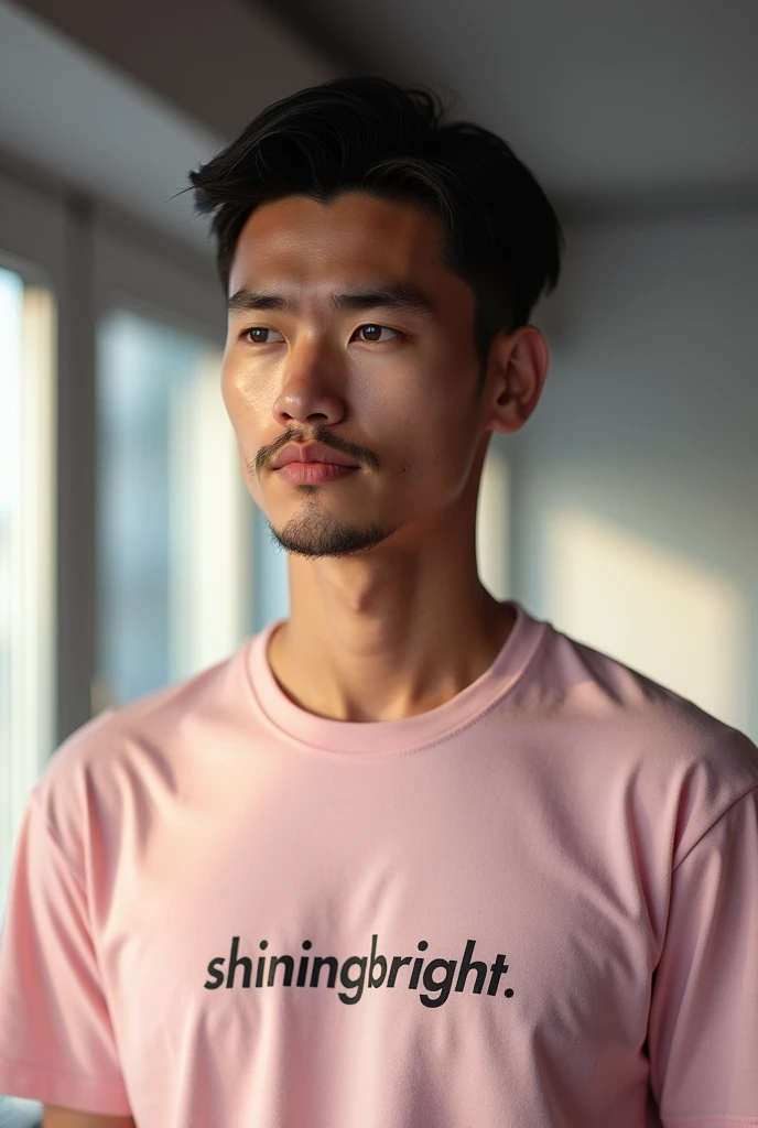 A man with a serious facial expression wearing a light pink T-shirt with the words "Shining Bright" printed on it. The background appears to be an indoor setting with bright lighting that highlights the man's face and T-shirt. He has short black hair and a slight mustache." 8K, Photografy Selfie Realistic