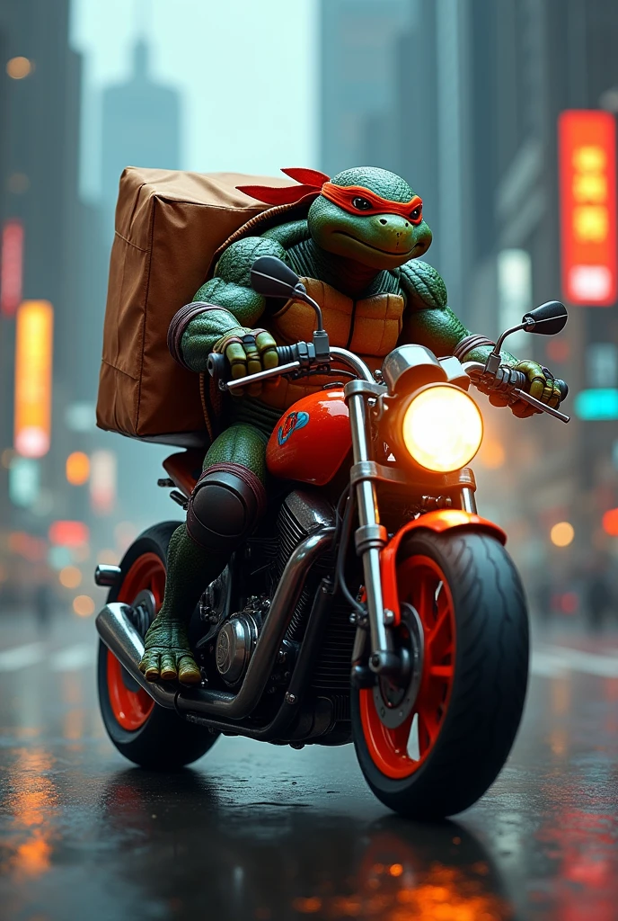 An image of a ninja turtle on top of a motorbike with a large pizza bag