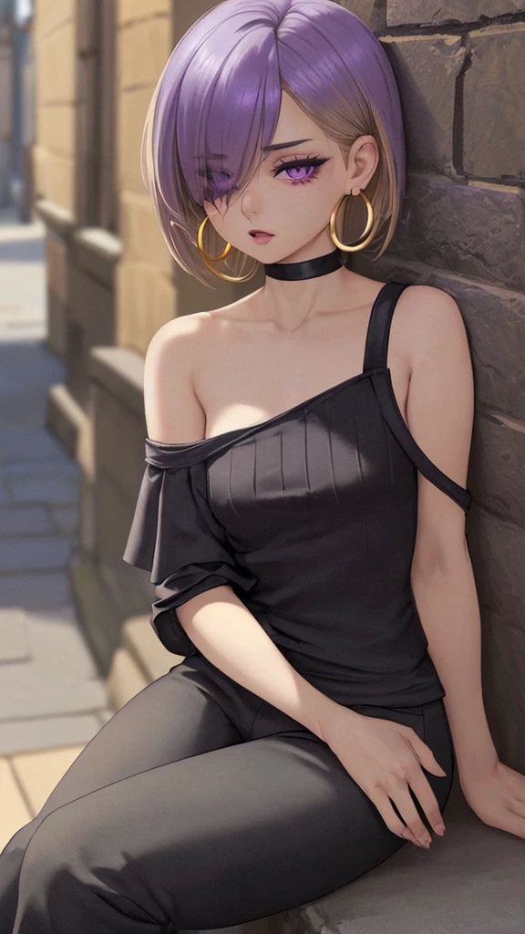 solo, High resolution, chest, Shortcuts, Blonde, Purple eyes, Open your mouth a little, masterpiece, Hair that hides one eye, Bob Hair, Asymmetrical bangs, chest, Hoop Earrings, Contemptuous eyes, 8k octane, off-the-shoulder black shirt、Camel-tone Sabrina pants、Old Townscape、Sitting leaning against a wall