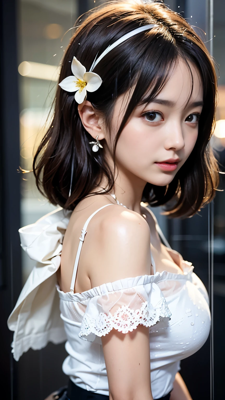 (masterpiece, Highest quality:1.2), 8k, Official Art, RAW Photos, Unbelievably absurd, (Upper Body, Seraphim:1.4), beautiful girl, 1、Cute Face, Arched back, Navy Pleated Skirt, close, Short sleeve, Gardenia, Viola Lace, 10 generations, street, Looking at the audience, Film Grain, chromatic aberration, Sharp focus, Face Light, Dynamic Lighting, Cinema Lighting, Detailed eyes and face, Background blur, (1 dark red bow tie:1.2)、(heavy rain、Dark Sky:1.5)、One Girl、blush、View your viewers、(Huge :1.2)、Soakwet hair、Wet Face,Wet Skin、Wet body、Wet costume、flower、hairpin、necklace、Earrings、Depth of written border、尖ったRed Mouth、Red Mouth,clavicle、Beautiful fingers、Please loosen your tie、cute Wet Face、Wet clothes sticking to my chest、Wet, see-through clothes、Short Hairstyles