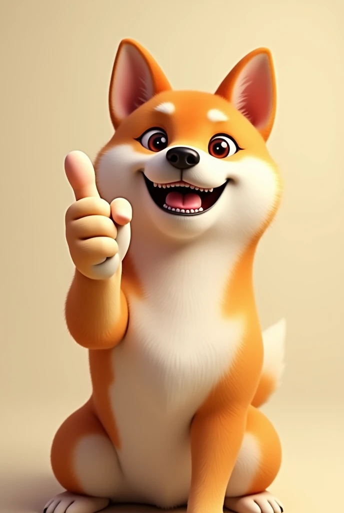 Shiba dog with smile face with angle face look into screen and rise his thumb, make half picture