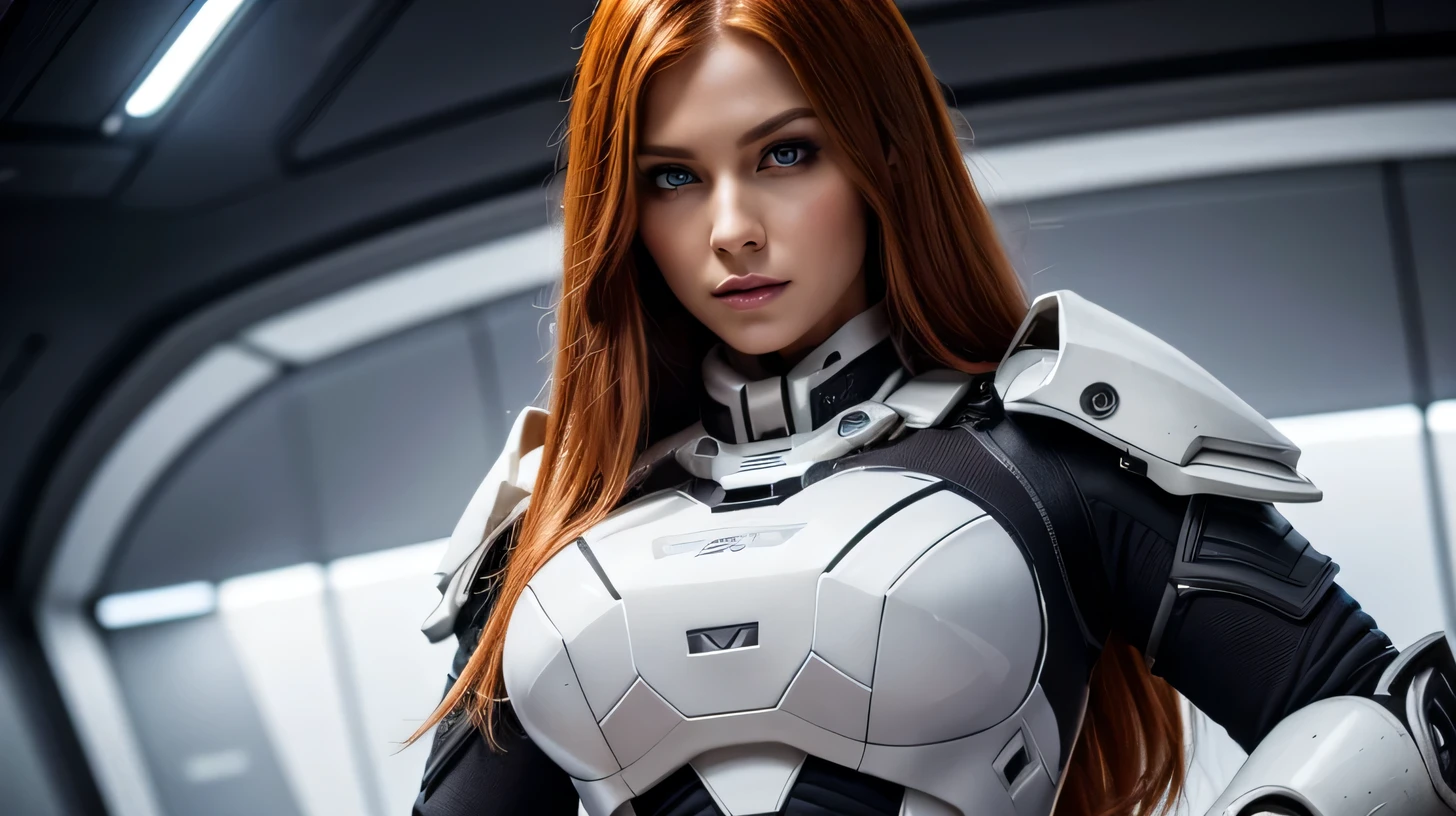 (realistic), (3d:0.3), dramatic lighting, ((masterpiece)),(quality),(high resolution), tall Lady Voidstar, [[covered abs]], ((x-ray power armor|lined suit|white power armor) mechanical arms), very long orange-red hair, [evil smile], small breasts, covered navel, eyeliner, eyelashes, perfect face, beautiful nose, detailed pupil, beautiful eyes, detailed eyes, brown eyes, perfect full lips, , intricate and detailed background of a space base, (zet:1) ,