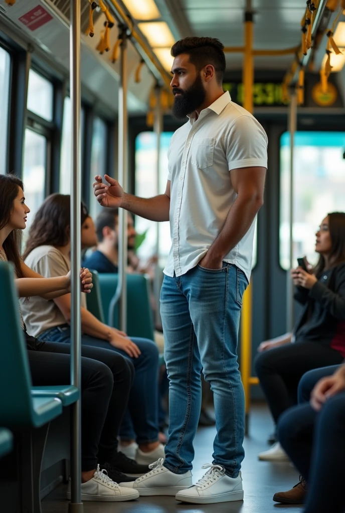 There is a young, strong, bearded Iranian man in a white shirt, jeans and white sneakers, standing, holding the bars, inside a public transport bus, being watched by a woman next to him.