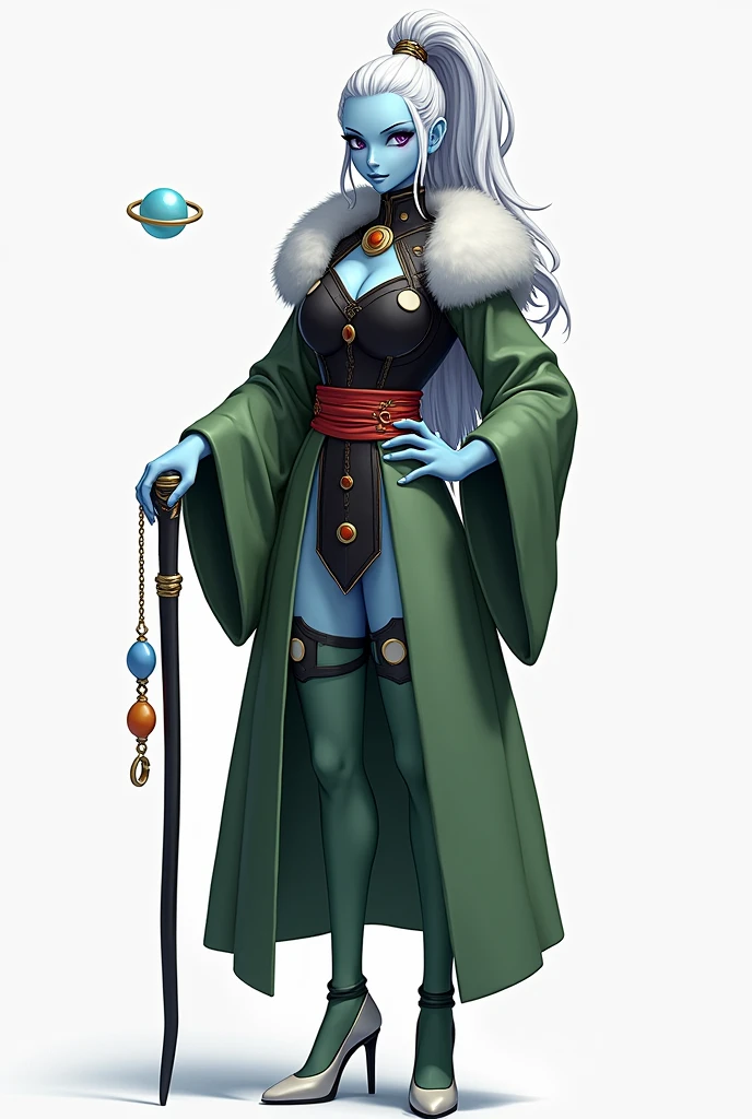 (photorealism:1.2),
Vados is a tall and slender humanoid with pale blue skin, violet eyes, and long white hair, similar to Whis, although she wears it as a high ponytail. She carries a long scepter with a gem that floats above it, and she usually holds her staff in her right hand. Around her neck levitates a large light blue ring similar to the Grand Priest's. Her attire consists of green robes with puffy shoulders, a black cuirass with the same white and orange circle decorations as the God of Destruction Champa, and a red sash. She also wears green tights and white high heeled shoes with black soles.