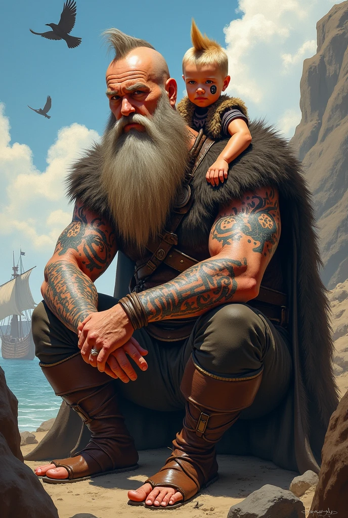 The image shows an imposing and robust man, probably a viking warrior, with his body covered in intricate tattoos reflecting Norse symbols and mythological figures. He wears a helmet with large horns., and his beard is long and thick, with a touch of gray hair, which gives him an air of experience and wisdom. on your shoulders, A child sits down, probably his son, also adorned with tattoos on his face and with a serious and determined expression, as if he was learning to be a warrior like his father. The boy has short blond hair, hairstyle with a mohawk, which gives it a rebellious and fierce look. Both characters are in an environment that suggests a battle or an expedition., with viking ships and ravens flying in the background, which reinforces the atmosphere of an ancient and dangerous world. The image is painted in a dynamic and energetic style., using quick brush strokes and earthy colours that capture the essence of Viking life.