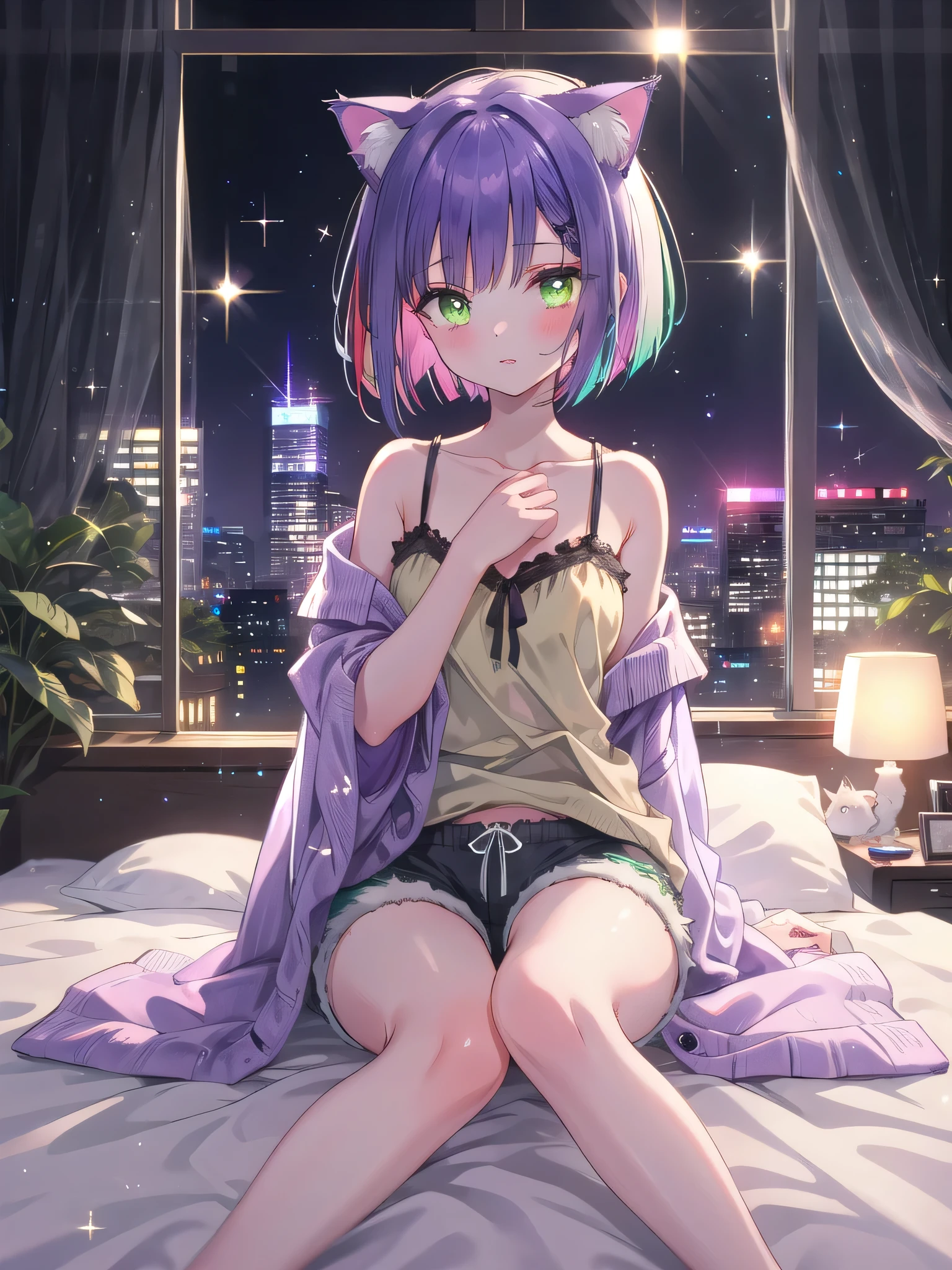 ((8k, Highest Quality, Masterpiece: 1.3)), Ultra High Resolution, (One Girl, Solo), (Color Changing Eyes, Super Detailed, Expressive Glow, Sparkling, Glowing Eyes), Highly Detailed Eyes,( (Purple Short Bob Cut)), Sitting on Bed in Cat Ears and Tail Cosplay
Emerald green eyes shine with joy, and cute cat ears are attached to a purple short bob cut. She is wearing a grey sexy camisole and shorts, and a fluffy cat tail. The background is a simple bedroom, with colorful cushions and blankets lined up on the bed, creating a warm atmosphere throughout the room. She sits on the bed, holding her tail and making a cute expression towards the camera. The angle is slightly above, looking down on her, highlighting the cuteness of her emerald green eyes and costume.