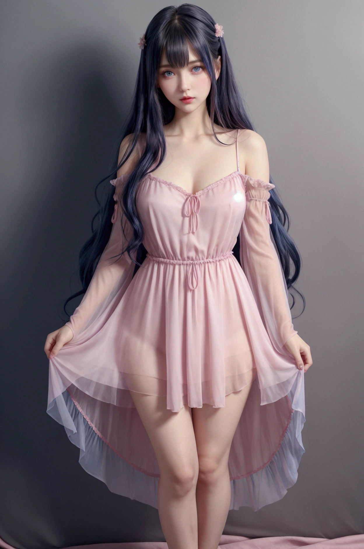 Fullbody image, female, dark blue wavy long hair with bangs, blue eyes, pink lips, beautiful gentle face, sexy body, big , long legs, fair skin, standing, pink silk chiffon below the knee dress with sleeves, white and pink doll shoes,