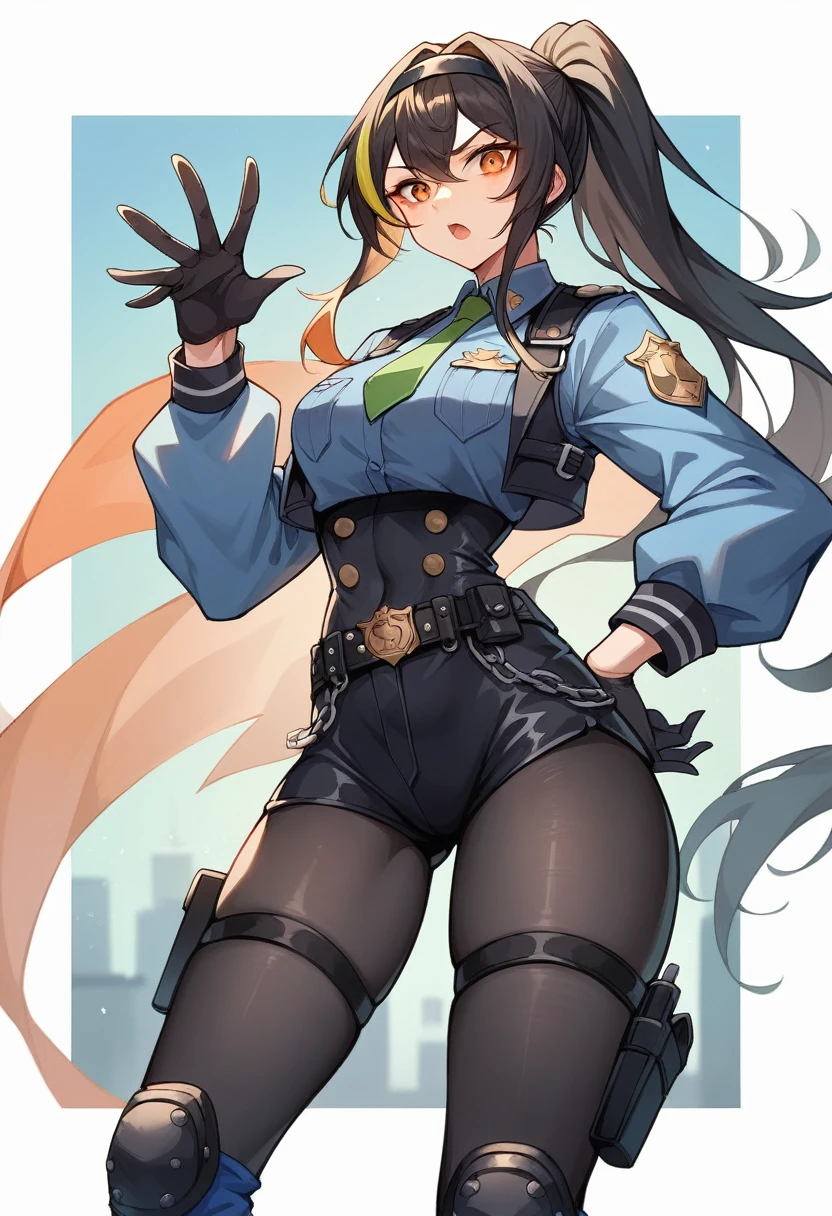 zhu yuan Naughty pose , orange eyes, black hair, long hair, streaked hair, ponytail metal hairband, police uniform, blue jacket, cropped jacket, long sleeves, black vest, two-tone vest, black gloves, green necktie, plaid necktie, black pants, high-waist pants, belt, thigh straps, knee pads, holster, tight pants, blue footwear