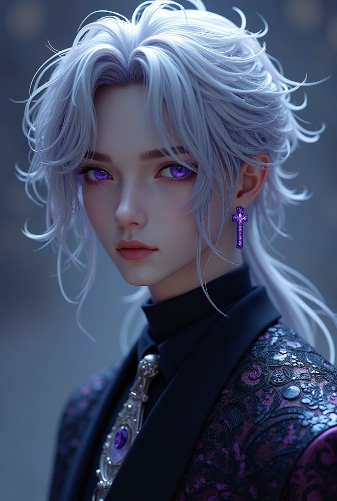 Realistic, handsome youth, long silver hair that is slightly pulled back on the left side 
very ruffled at his forehead, dividing into multiple other strands, mesmerising amethyst eyes, male idol, amethyst cross earring on the left ear, noble bearing, demon ascendance, sci-fi clothes, androgynous face with lustrous skin and soft features, androgynous neutral voice