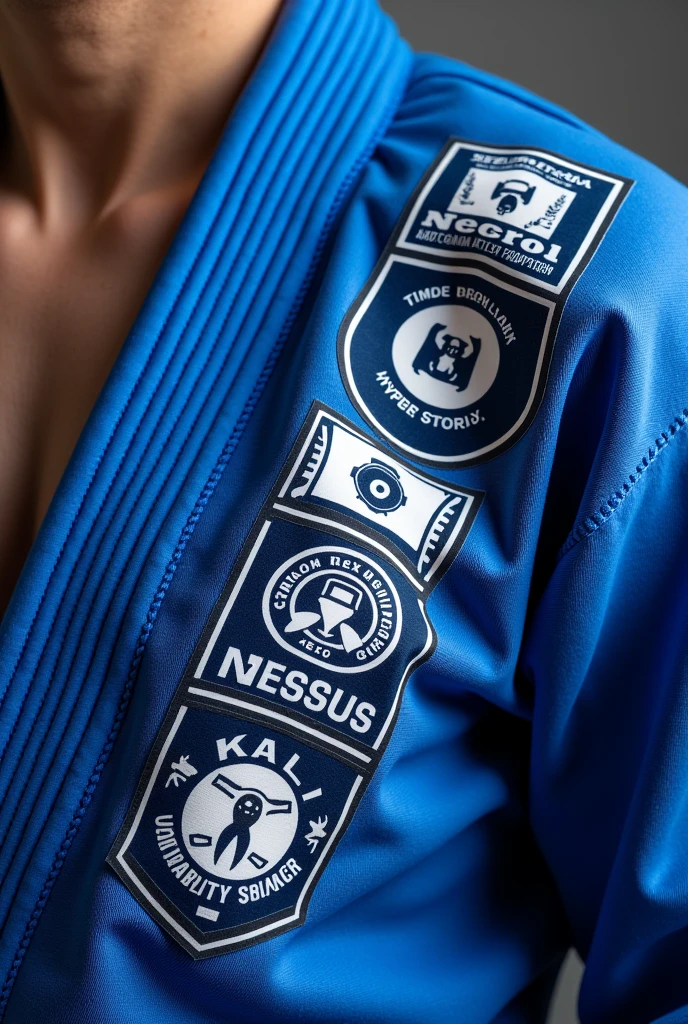 Make a sticker to personalize my bjj kimono with cybersecurity references. I would like it to have something from Kali Linux., Hydra, iso20001, Nessus The bjj kimono is blue , show the full result 