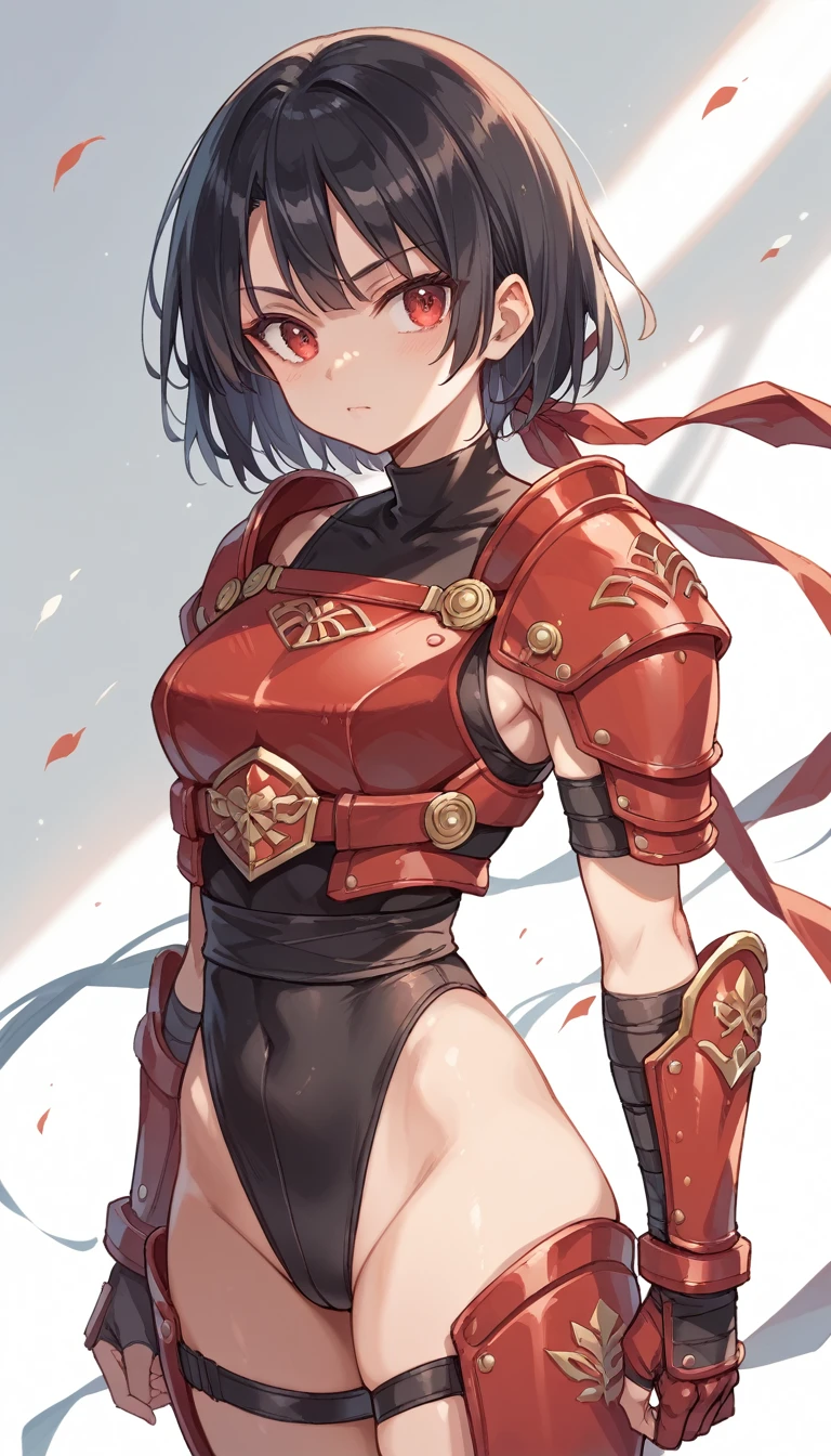 Black leotard、Female ninja、modern style、Black Hair Girl、Equipped with a railgun、Red upper body armor
