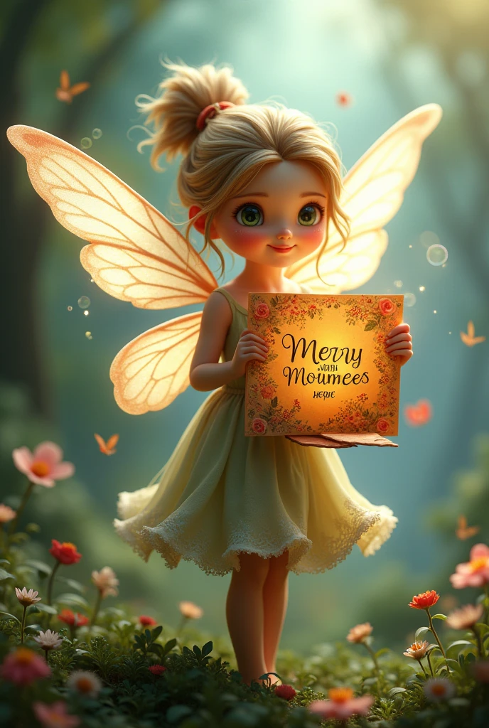 Fairy having wings and in her hand there is a card which says happy
