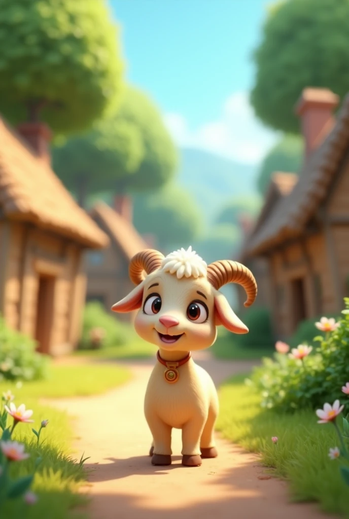 In 3D animation style "Village Scene
A picturesque village with simple cottages, lush greenery, and a serene environment. A small, friendly-looking goat stands in the foreground.Image "